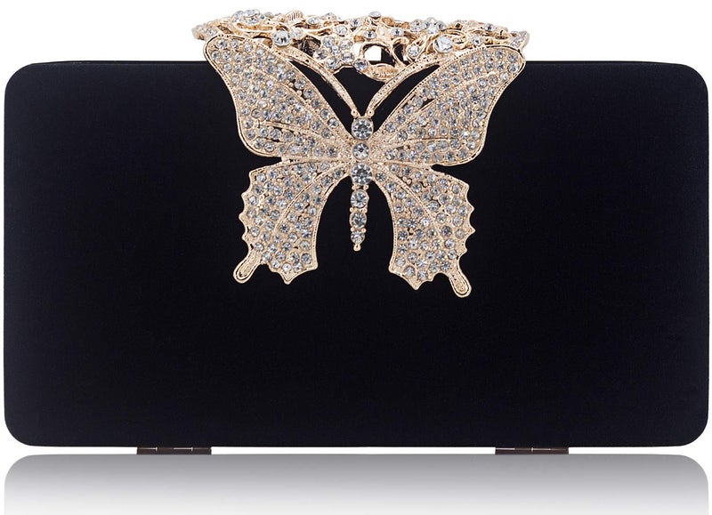 DEXMAY DM Dexmay Unique Velvet Clutch with Rhinestone Crystal Butterfly Clasp Women Evening Bag for Formal Party Black - Image 1